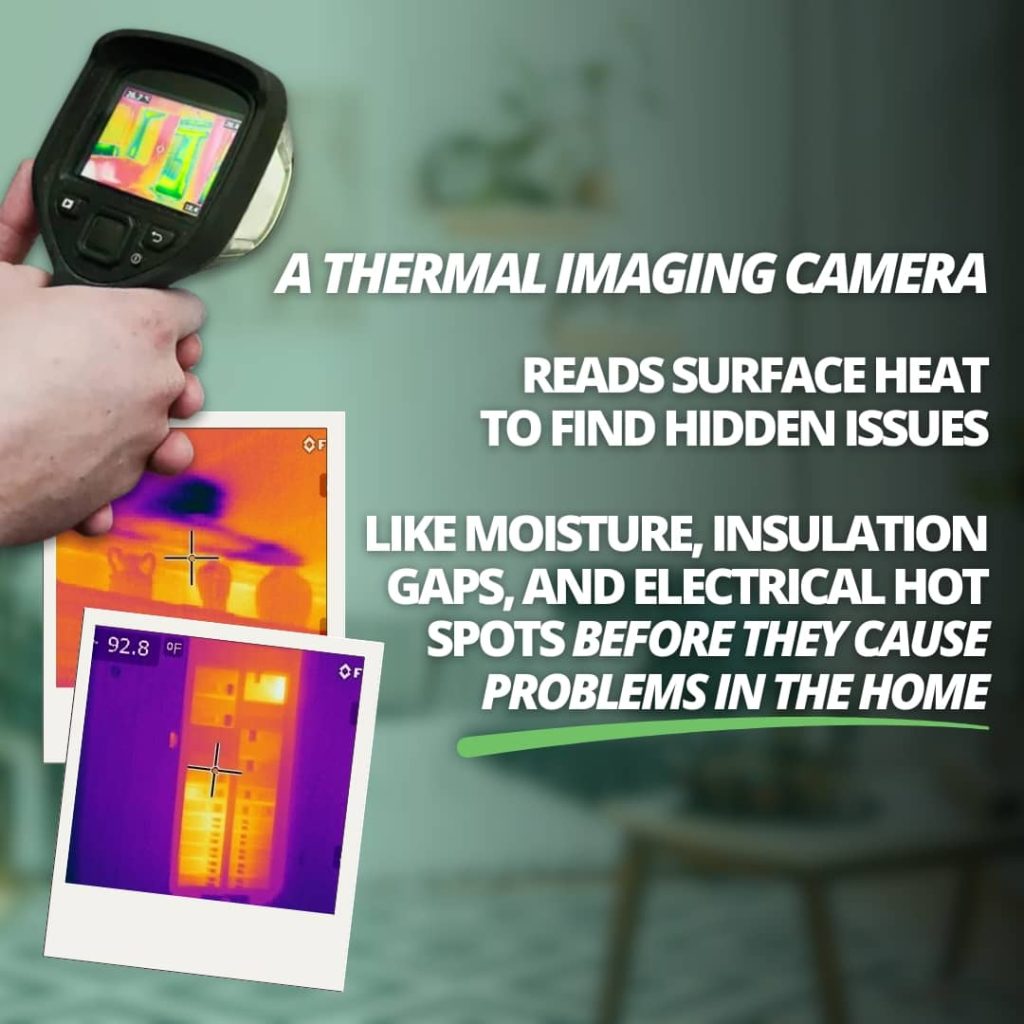 Visual of a thermal imaging camera and infrared images to explain how thermal imaging works for mold detection