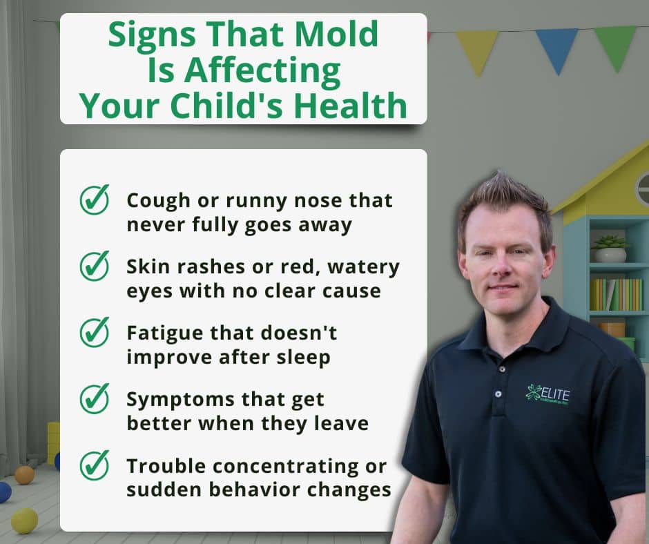 Elite Mold Services chart summarizing warning signs that environmental indoor mold symptoms in kids are affecting their health.
