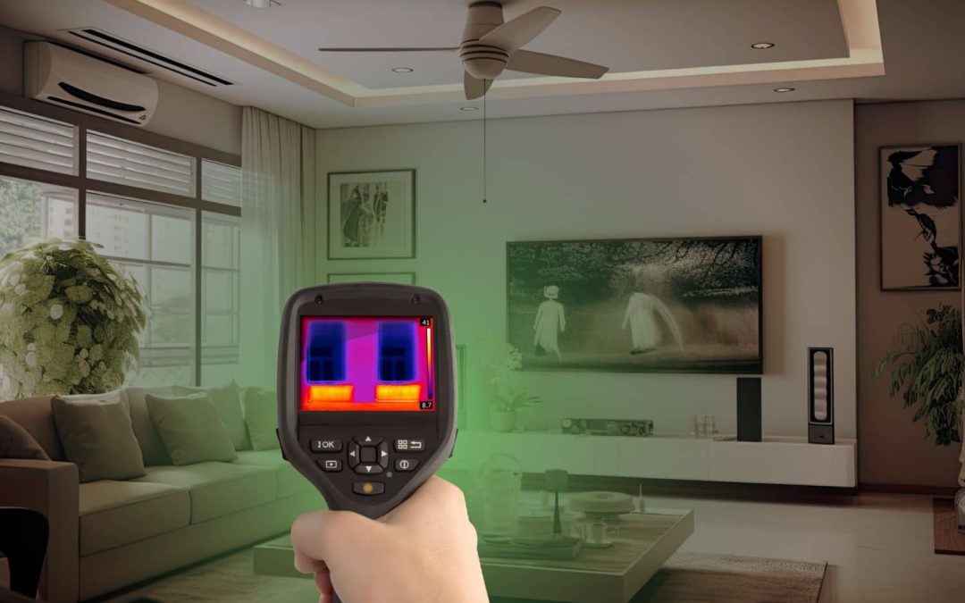 A thermal imaging camera identifying hidden moisture behind a wall during a post mold remediation verification in a modern living room.