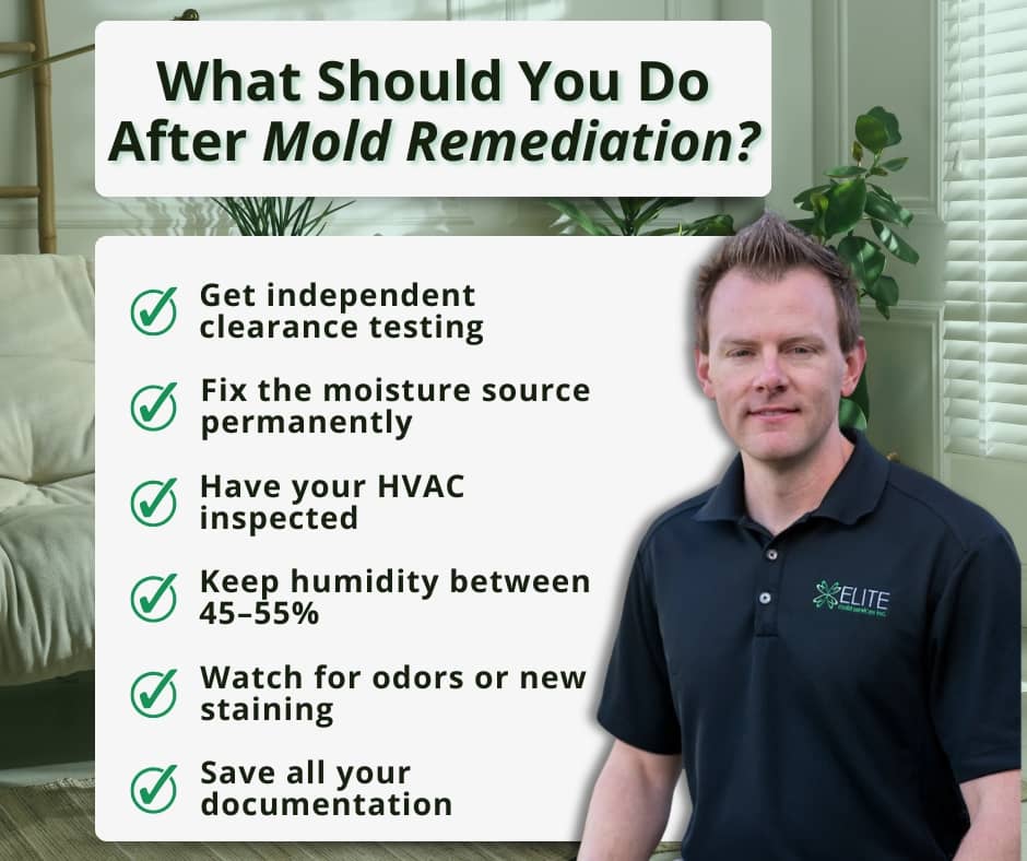 An Elite Mold Services expert presenting a checklist of what to do after mold remediation, including getting independent post mold remediation verification and fixing moisture sources.