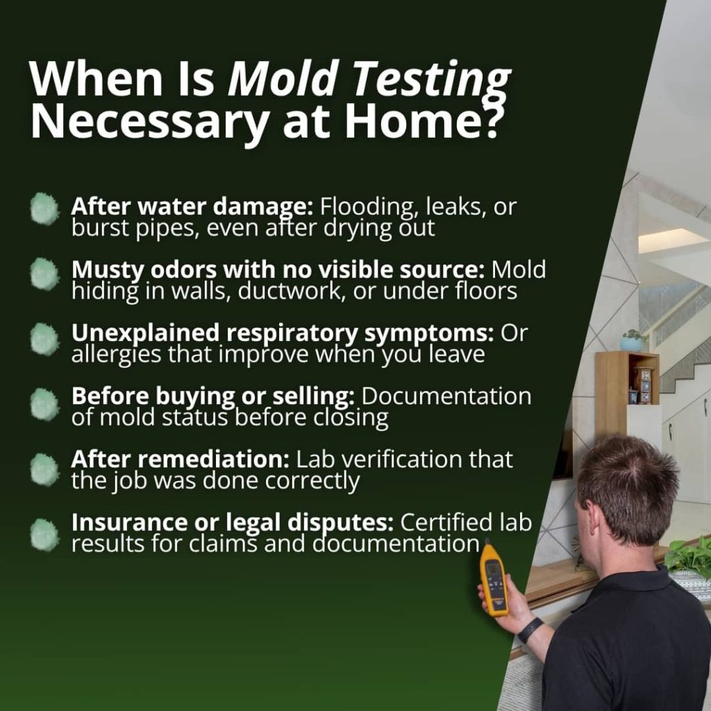 Infographic showing six situations when mold testing is necessary in a home including water damage musty odors and real estate transactions