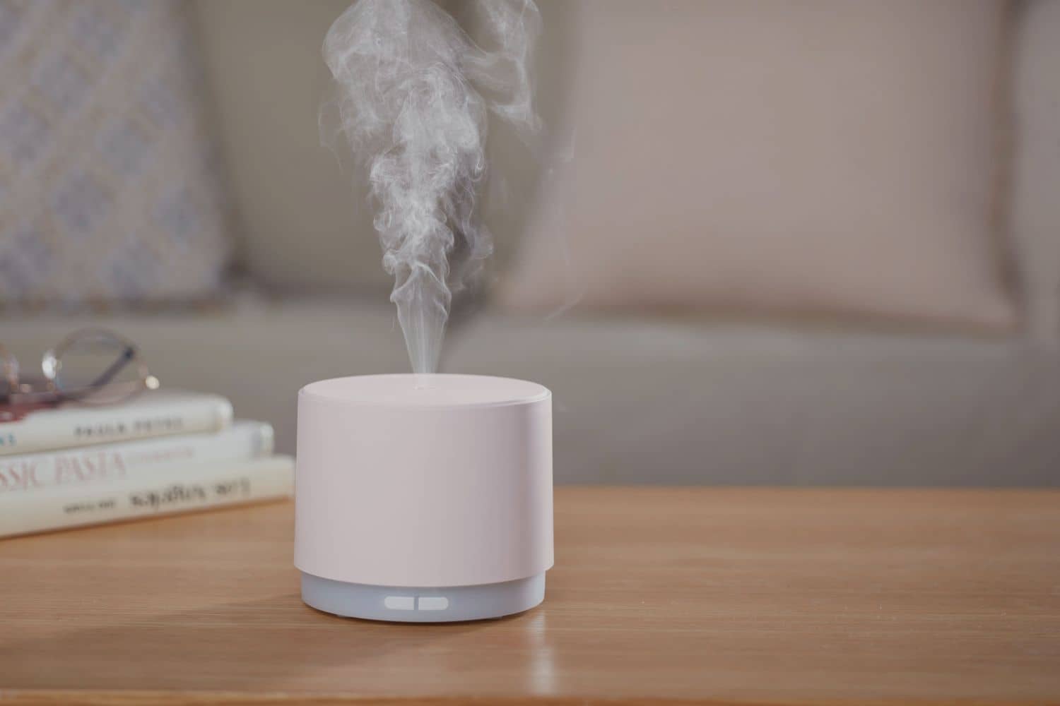 Humidifier releasing mist on a table in a home, raising indoor humidity that can cause mold