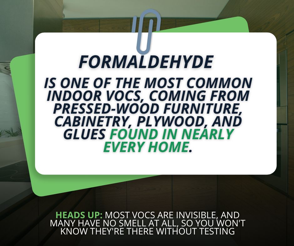 Fact graphic explaining formaldehyde is a common indoor VOC from pressed-wood furniture, cabinetry, plywood, and glues, and that most VOCs are invisible and odorless
