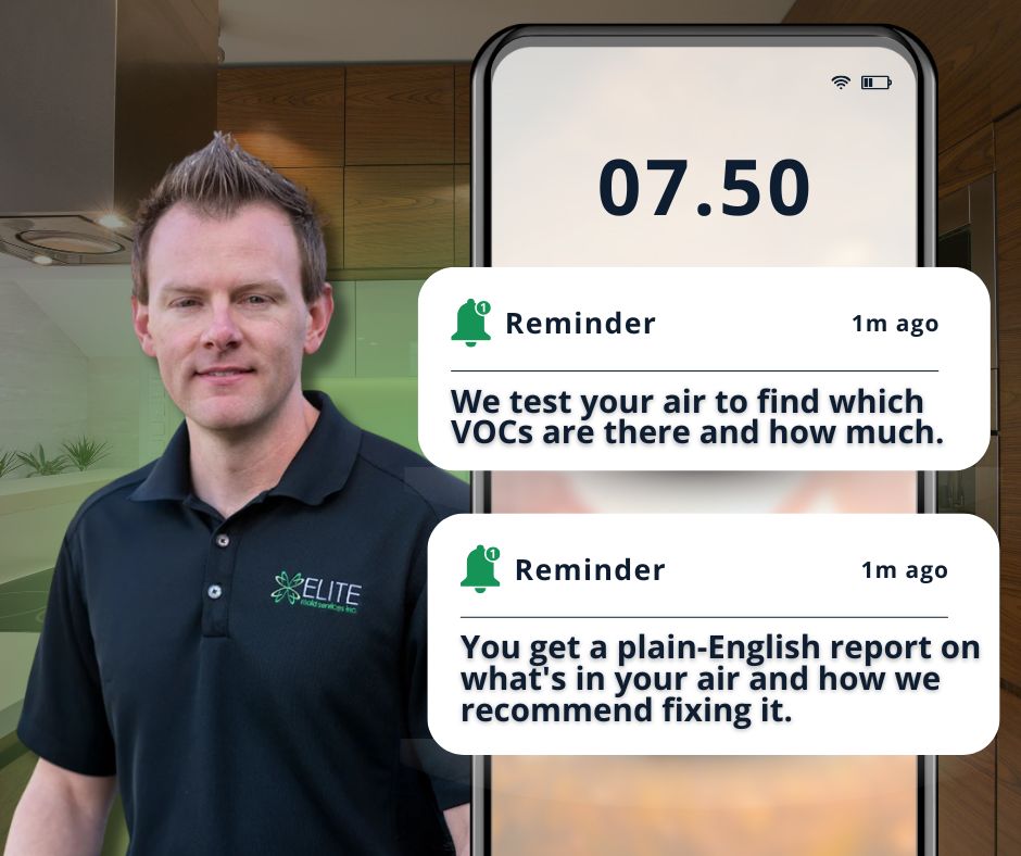 Elite Mold Services inspector beside a phone showing that VOC testing identifies which compounds are in your air and provides a plain-English report