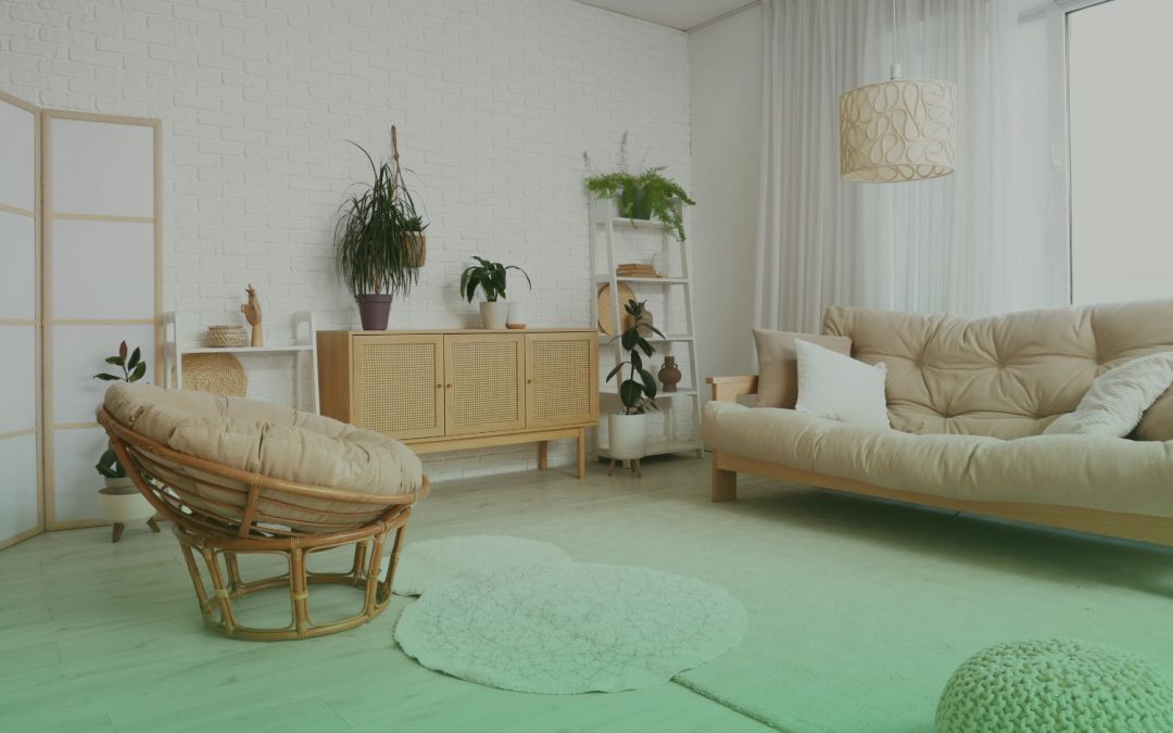 Bright living room with a sofa, wood cabinet, and rug, everyday furnishings that can off-gas formaldehyde and other VOCs indoors