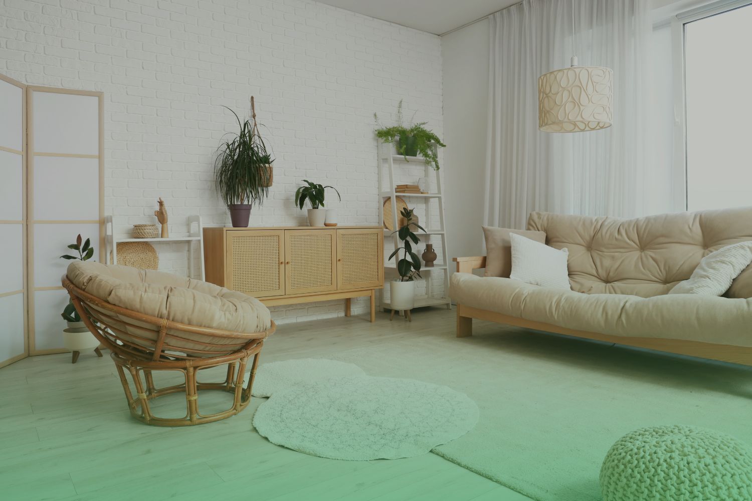 Bright living room with a sofa, wood cabinet, and rug, everyday furnishings that can off-gas formaldehyde and other VOCs indoors