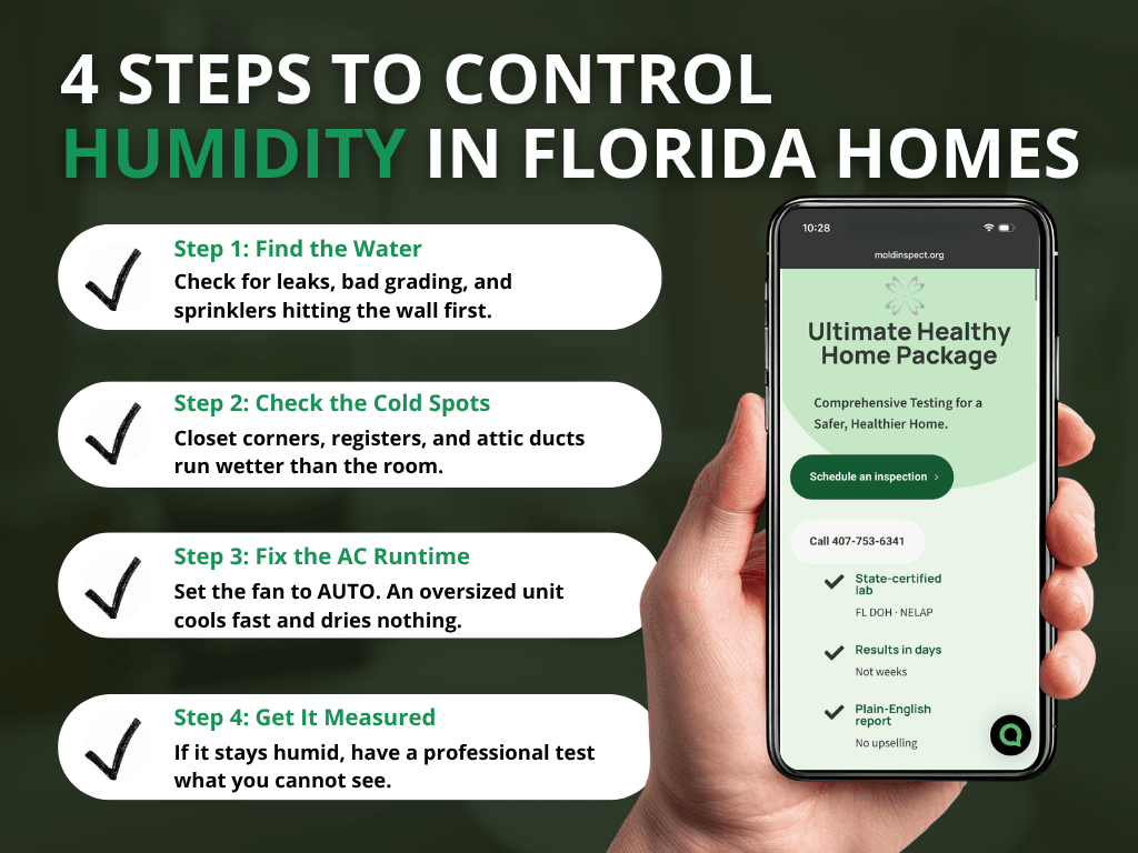 Four steps to control humidity in a Florida home, with the Elite Mold Services healthy home testing page on a phone.